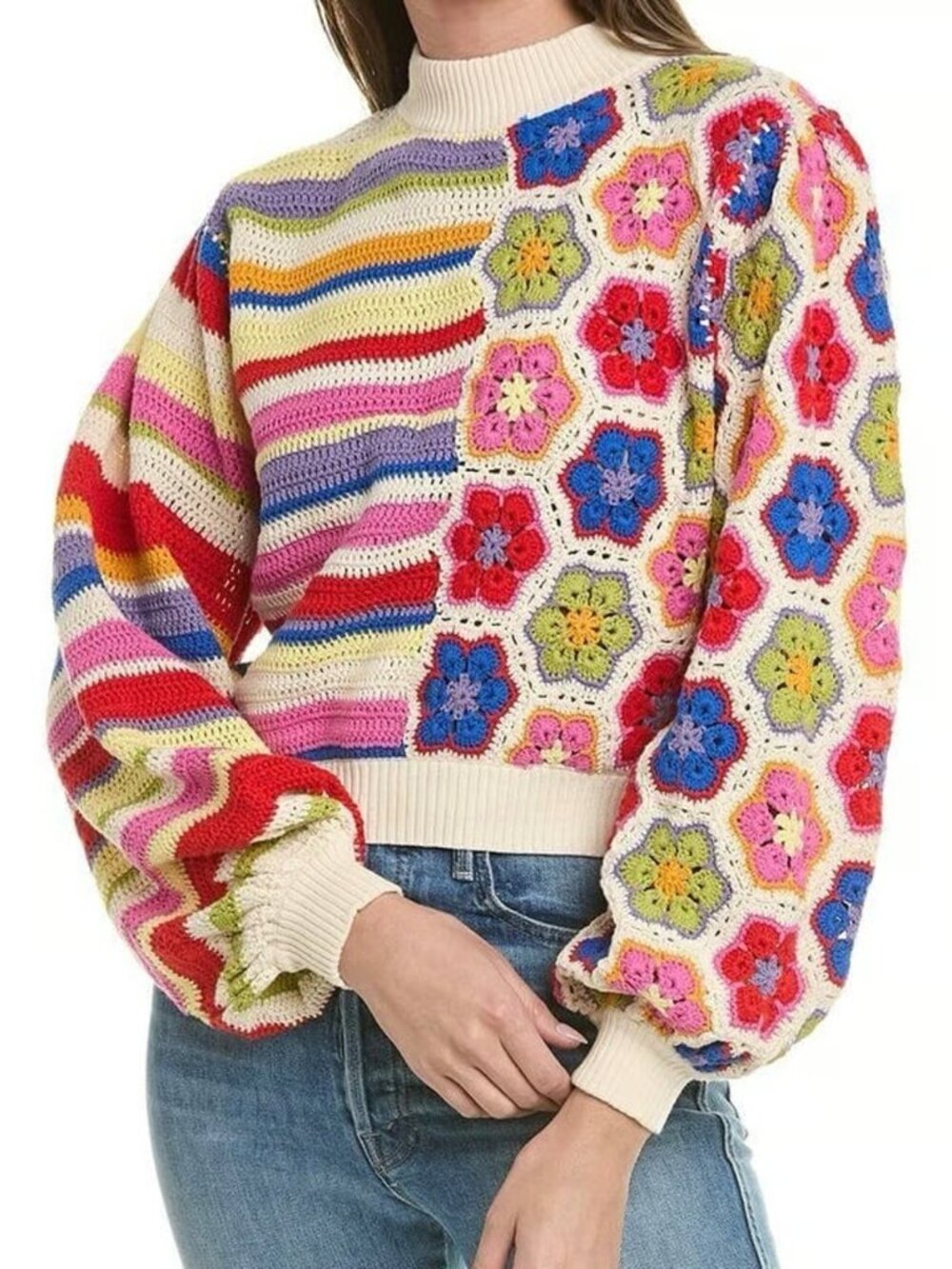 FARM Rio Multicolor Striped & Floral Crochet Turtleneck Sweater - Picture 5 of 7